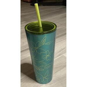 STARBUCKS 2022 SPRING Floral Teal STAINLESS STEEL COLD CUP TUMBLER VENTI 24 OZ.